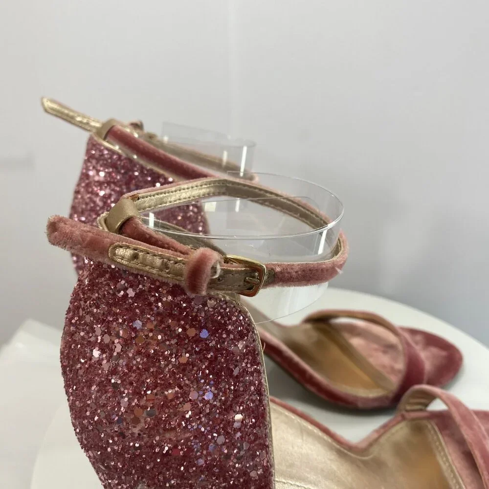 Guess Glitter Party Wrap BamBam Velvet Ankle Strap Block Heel Sandals 8.5 Pink‎